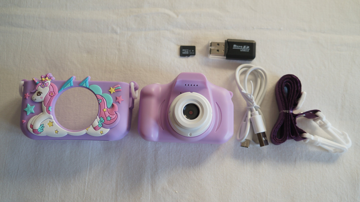Cámara de fotos de juguete infantil lila con protector de silicona