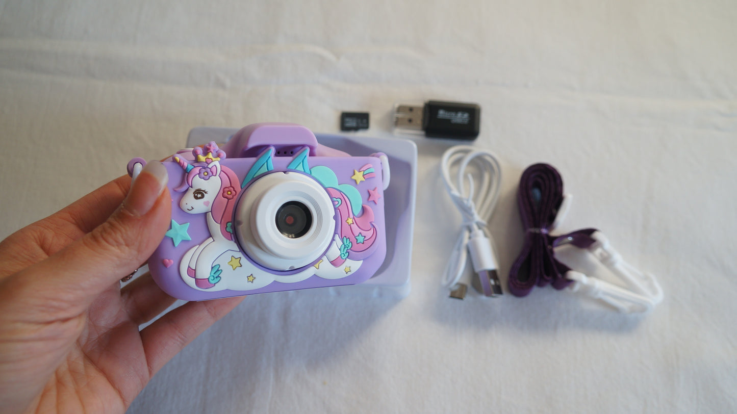 Cámara de fotos de juguete infantil lila con protector de silicona