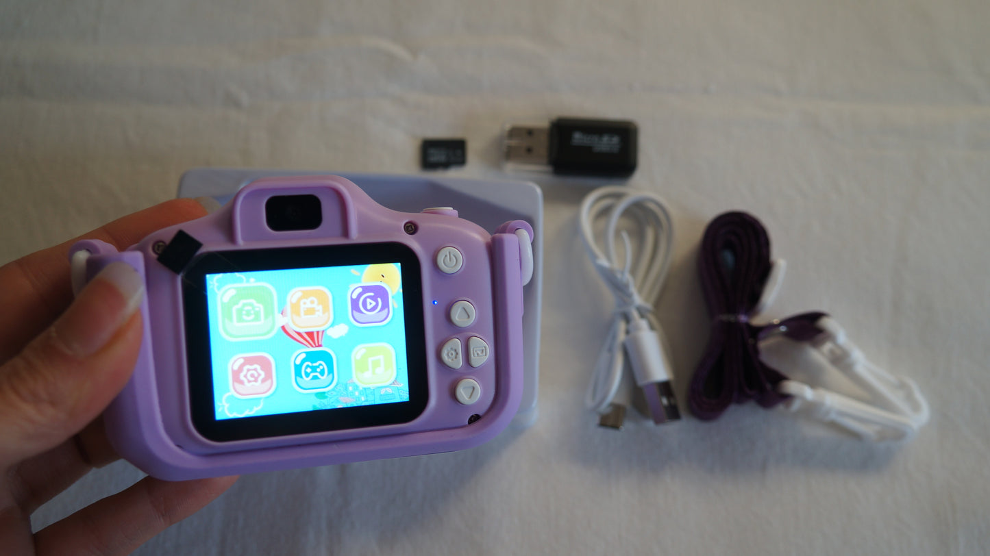 Cámara de fotos de juguete infantil lila con protector de silicona